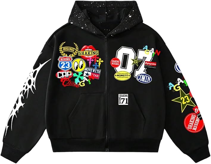 SOLY HUX Men's Graphic Oversized Hoodies Y2k Zip Up Long Sleeve Hooded Sweatshirt Jacket Streetwear