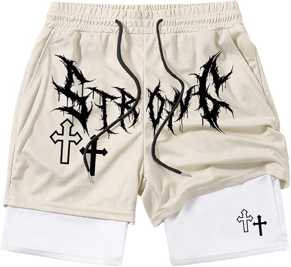 VIPWOLF Men's Graphic Shorts with Liner Y2k Cross Print Drawstring 2 in 1 Gym Workout Athetics Track Bottoms Streetwear