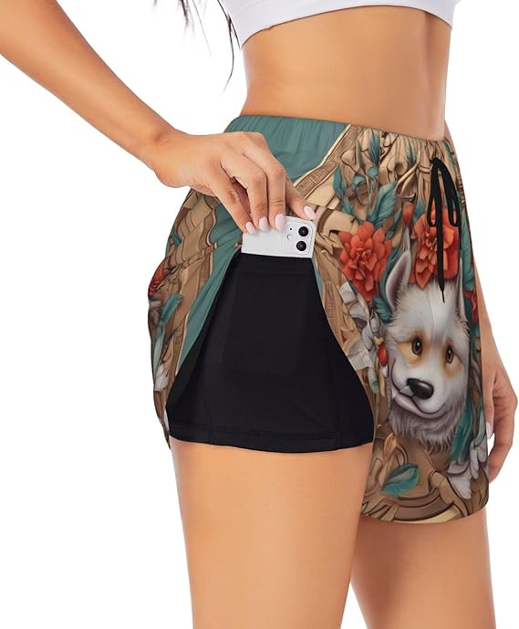Women's Double-Layer Sports Shorts - Puppy Embroidery Printed Fitness Running Pants