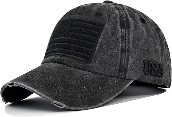 American Flag Baseball Cap, Embroidery Adjustable Washed Vintage Cotton Denim Distressed Hat for Women Men